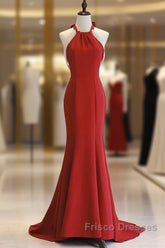 Red Mermaid Halter Long Evening Dress, Red Backless Formal Dress Formal Prom Dress