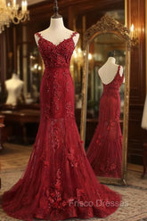 Red Mermaid Lace Long Formal Prom Dress, Lace Mermaid Evening Dress