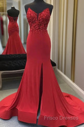 Red Mermaid Llong Formal Prom Dress Appliques Slit Formal Dress