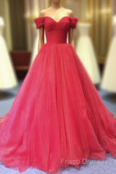 Red Off Shoulder Tulle Formal Prom Gown, Sweet 16 Party Gown, Charming Red Formal Dress