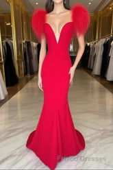 Red Formal Prom Dresses Mermaid V Neck Long Party Evening Dresses with Feathers