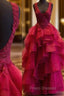 Red Formal Prom Dress, Ball Gown Square Neckline Sleeveless Long/Floor-Length Organza Formal Prom Dress With Ruffles Appliqued Beading
