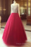 Red Round Neck Tulle Rhinestones Long Formal Prom Dress, Red Formal Dress