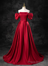 Red Satin A-line Short Sleeves Long Prom Dress, Red Long Formal Dress Evening Dress