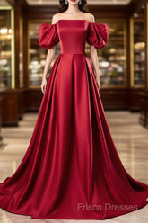 Red Satin Off Shoulder Long Simple A-Line Wedding Party Dress, Red Long Formal Dress
