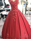 Red Satin V-Neck Wedding Dress Ball Gowns With 3D Lace Flowers