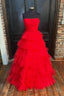 Red Strapless Tulle Layers Long Prom Dress, A-line Sweetheart Red Evening Dress