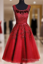 Red Tea Length Round Homecoming Dress, Lace Applique Red Party Dress, Vintage Style Formal Prom Dress
