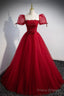 Red Tulle Floor Length Evening Party Dress, Red Short Sleeve Graduation Dress