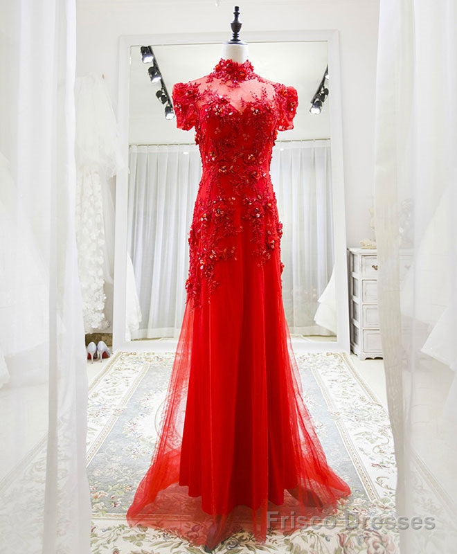 Red Tulle Lace Long Prom Dress, Red Lace Tulle Formal Dress Frisco Dresses Red Tulle Lace Long Prom Dress, Red Lace Tulle Formal Dress Frisco Dresses