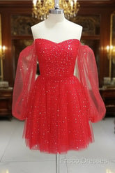Red Tulle Long Puffy Sleeves Short Formal Prom Dress, Red Tulle Homecoming Dress