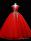 Red Tulle V-neck Cap Sleeve Sequins Beading Quinceanera Dress