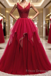 Red V Neck Long Formal Prom Dresses with Corset Back, Red Floor Length Formal Prom Gown, Evening Dresses
