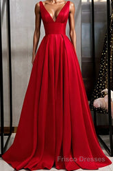 Red v neck satin long Formal Prom Dresses simple red evening Dresses