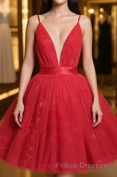 Red v neck tulle lace short Formal Prom Dress,Mini homecoming Dress cocktail Dress