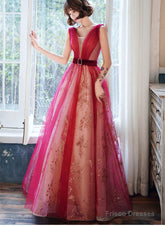 Red V-Neckline Tulle A-Line Long Prom Dress, Red Tulle Evening Dress Party Dress