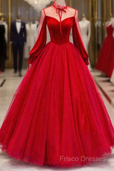 Red Velvet And Tulle Floor Length Formal Prom Dress, Long Sleeve Beautiful A-Line Party Dress