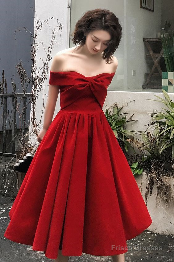 prom dresses red velvet Puffed Sleeve Dress V-Neck 21005 flattering look Dark Red Velvet A-line V-neck