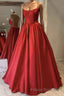Red Satin Spaghetti Straps Long Formal Prom Dress, Puffy Princess Formal Prom Gown