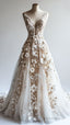 Retro A-Line V-Neck Tulle 3D Applique Wedding Dress Simple Beaded Ball Gown