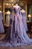 Retro Ball Gown Off The Shoulder Lilac Tulle Flowers Evening Dress Formal Prom Dress