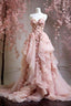 Retro Ball Gown Spaghetti Straps Pink Floral Tulle Evening Dress Prom Dresses