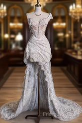 Romantic High Low One Shoulder Lace White Long Wedding Dress