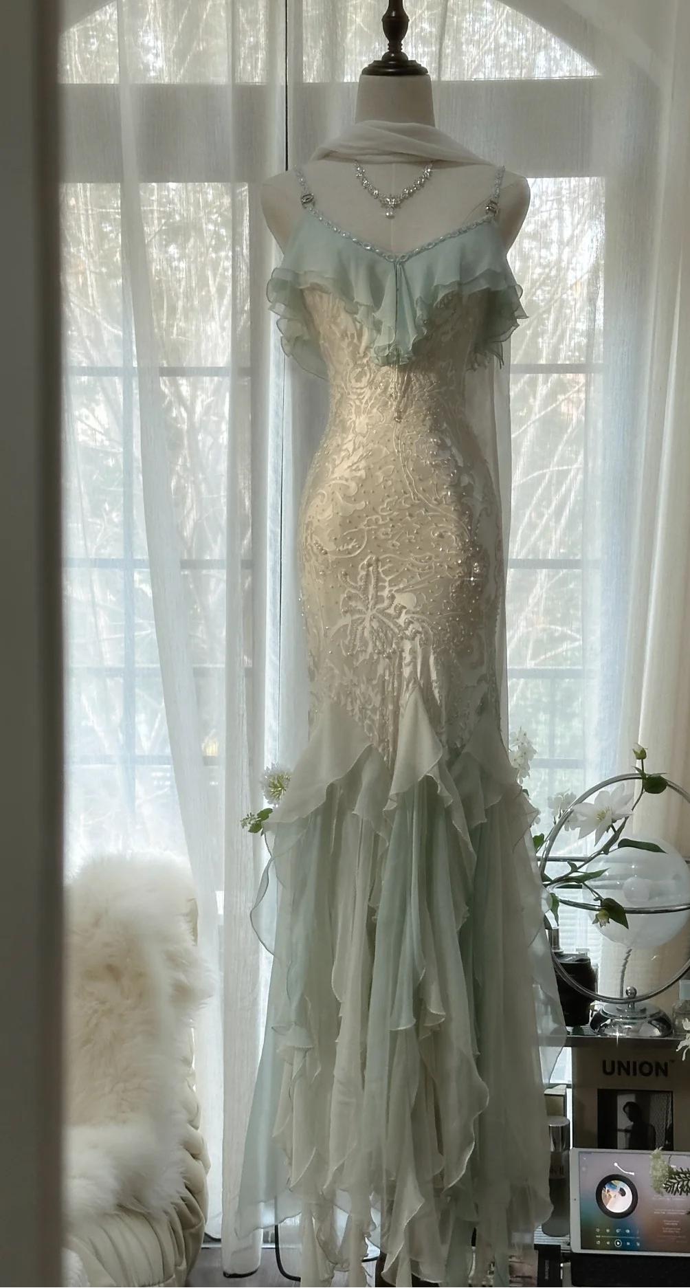 Romantic Vintage Mint Green Chiffon Mermaid Beaded Long Prom Dresses R –  Frisco Dresses