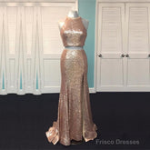 Rose Gold Sequin Two Piece Prom Dresses Mermaid Evening Gowns