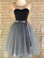 Round Neck Black Gray Tulle Short Prom Dresses, Short Black Gray Graduation Homecoming Dresses