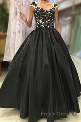 Round Neck Black Lace Floral Long Formal Prom Dresses, Black Lace Formal Dresses with Appliques, Black Evening Dresses