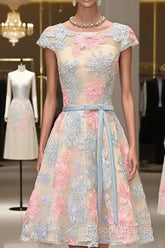 Round Neck Colorful Short Cap Sleeves Lace Formal Prom Dress, Short Colorful Lace Graduation Homecoming Dress