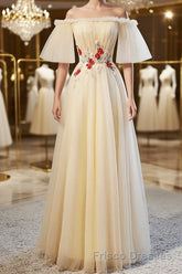 Round Neck Floral Champagne Long Formal Prom Dresses with Corset Back, Champagne Long Formal Bridesmaid Dresses