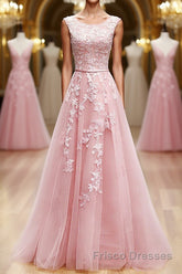 Round Neck Pink Lace Formal Prom Dresses, Pink Lace Long Formal Evening Dresses