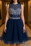 Round Neck Short Dark Blue Formal Prom Dresses, Short Dark Blue Homecoming Dresses