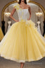Round Neck Yellow Lace Tulle Formal Prom Dresses, Yellow Lace Short Homecoming Dresses, Yellow Formal Graduation Evening Dresses