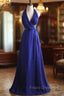 Royal Blue A-Line Halter Chiffon Satin Long Formal Prom Dress V-Neck Beaded Birthday Party Dress