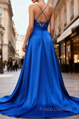 Royal Blue A Line Spaghetti Straps Satin Formal Prom Dress with Slit