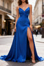 Royal Blue A Line Spaghetti Straps Satin Formal Prom Dress with Slit