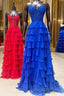 Royal Blue Chiffon Sweetheart Ruffle Tiered Long Formal Prom Dress