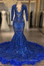 Royal Blue Robe De Soiree Mermaid V-Neck Long Sleeves Appliques Feather Long Formal Prom Dress Formal Prom Gown Evening Dress