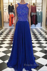 Royal Blue Round Neck Long Formal Prom Dress, Blue Evening Dress
