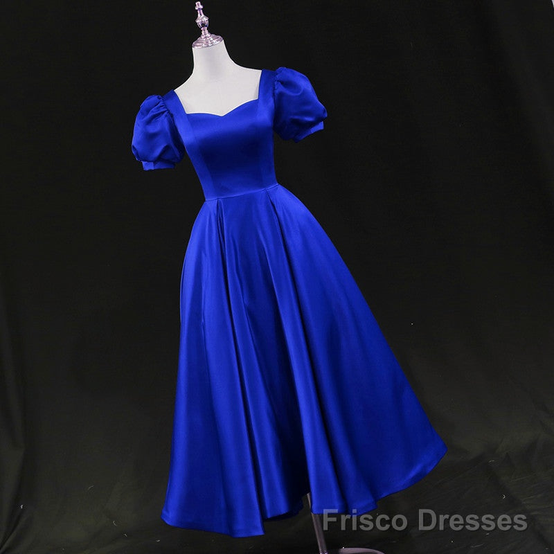 Royal Blue Satin Tea Length Wedding Party Dress, Blue Prom Homecoming