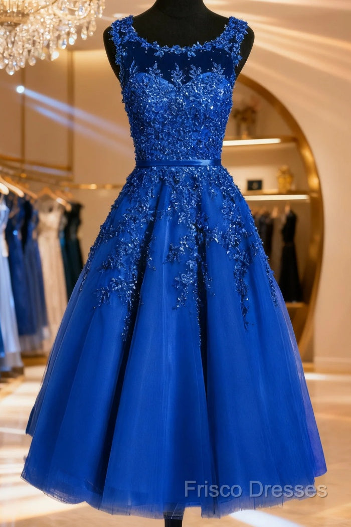 royal blue tea party dress Light Royal Blue Tea Length Prom Dresses Scoop Neck Long Sleeves Homec DSProm