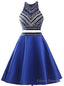 Royal Blue Two Piece Satin Beading Crystal Homecoming Dress