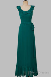 Ruffled Crew Neck Emerald Chiffon Midi Bridesmaid Dress