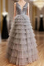 Ruffles Tulle V Neck Gray Sequin Long Formal Prom Dress