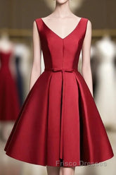 Simple Burgundy Satin V Neck Short Formal Prom Dress, Evening Dress