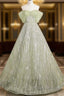 Sage A-Line Off The Shoulder Glittering Tulle Sequins Long Formal Prom Dress Sweet 16 Dress