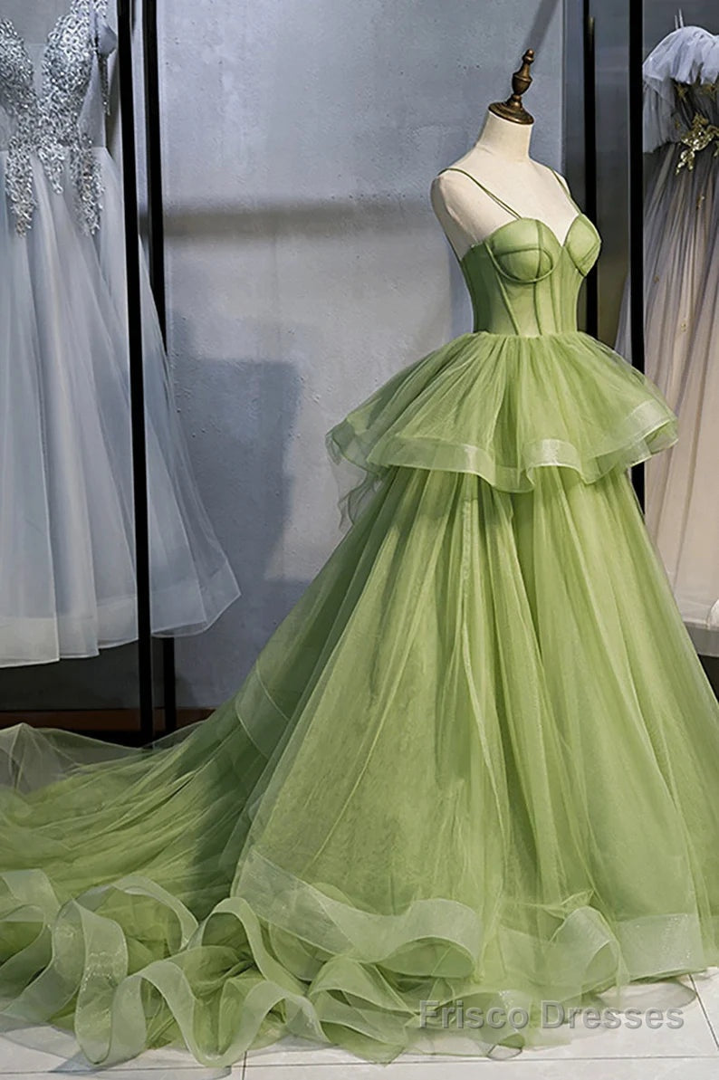 Sage Green Corset Long Prom Dress, Long Green Tulle Party Dress Evenin